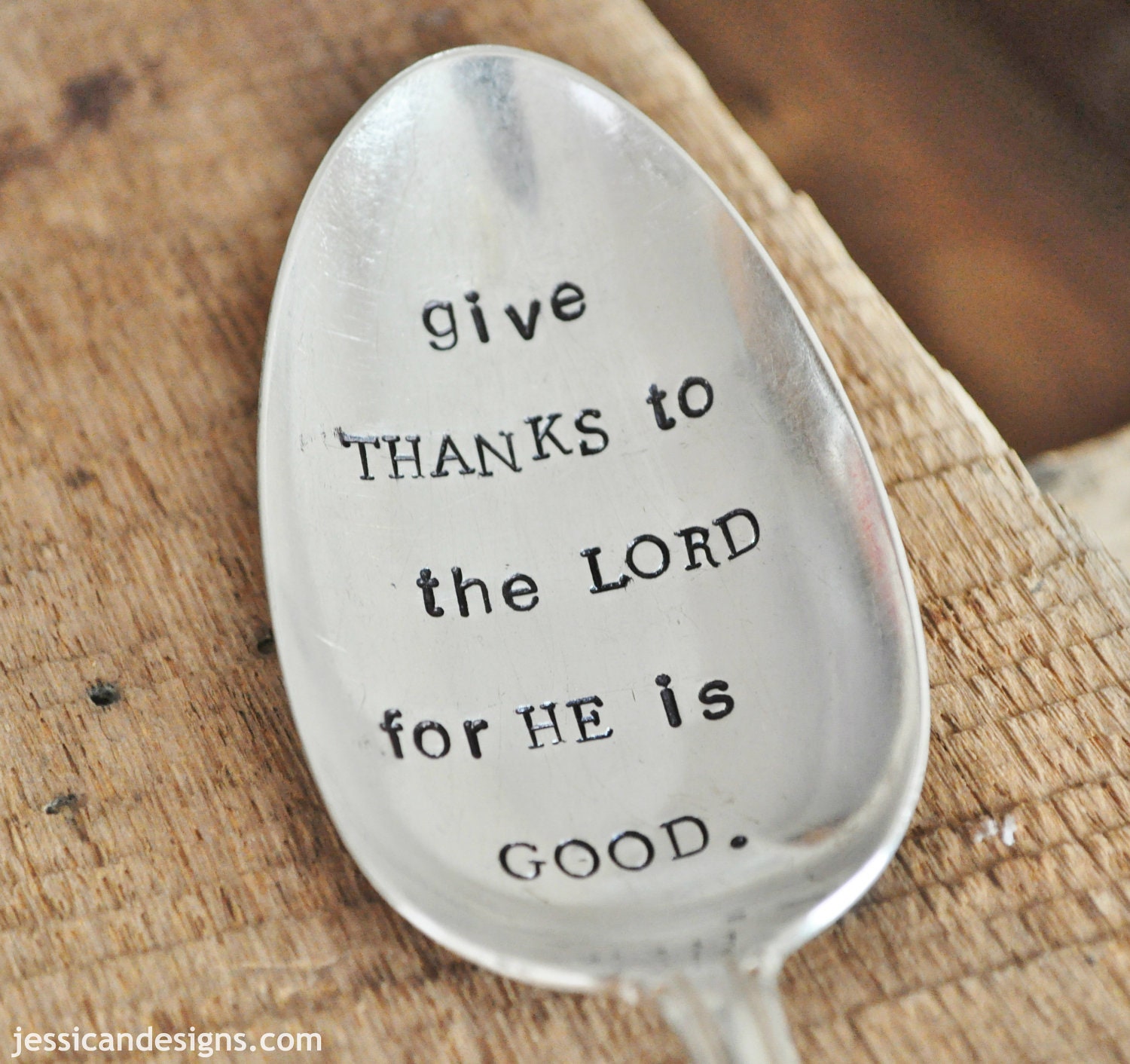 Give Thanks To The Lord For He is Good - Large Hand Stamped Vintage Serving Spoon - For Your Christmas Table