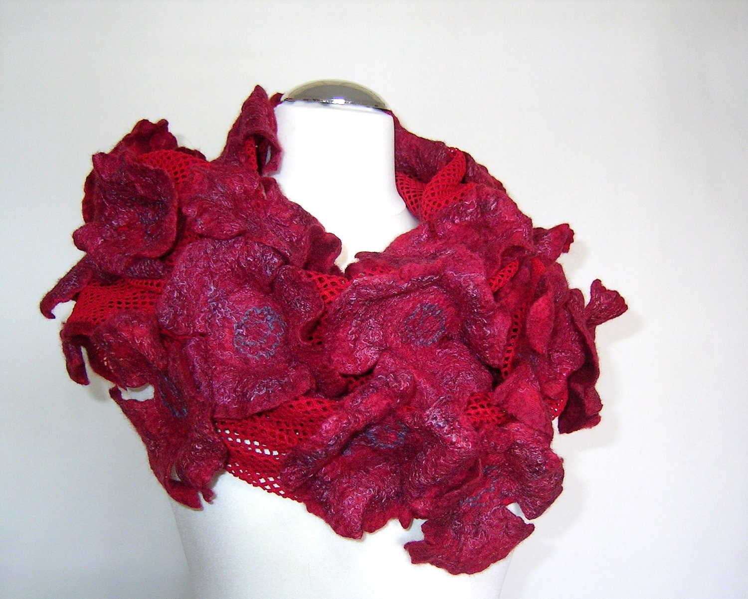 Felted Scarf Dark Red Burgundy Wine Shawl Nuno felting Wool Lux Autumn Winter Fashion