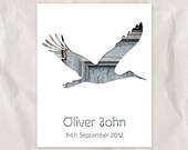 stork name art print, 11x14, custom nursery art, personalized bird name print, birth announcement, name art, animal decor, blue, cyan, gray