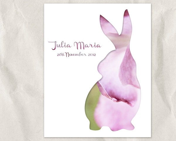 bunny personalized art print, 8x10 print, nursery decor, name art, personalized, animal silhouette, pastel, pink, rose