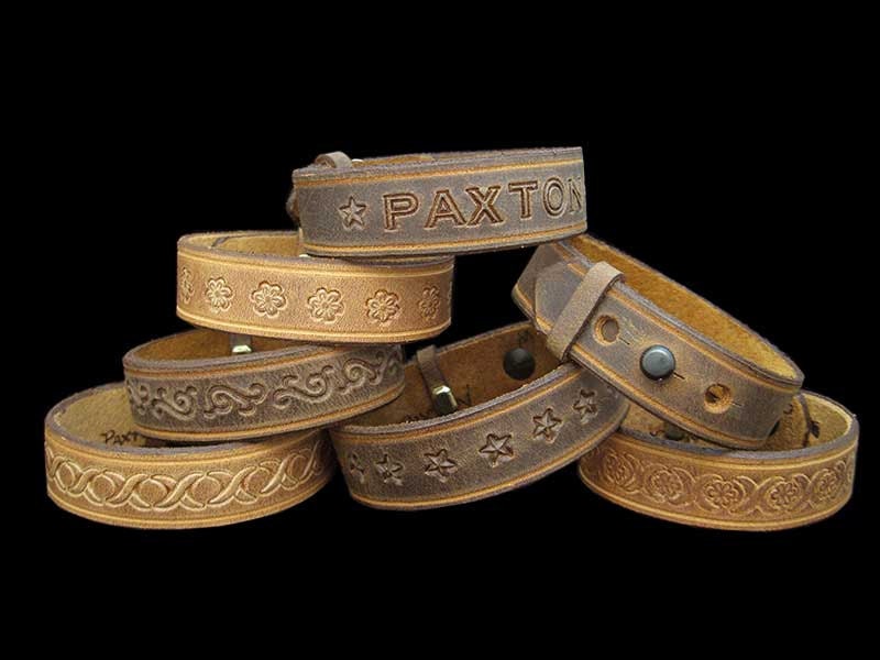 5/8" Narrow Custom Genuine Natural Leather Name, ID or Stamped Pattern Bracelets Handmade for Adults & Kids / Children, 2 Colors, 3 Sizes