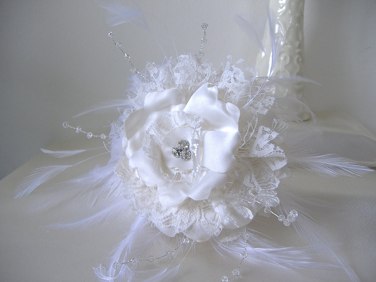 Gorgeous 4" Handmade Bridal Satin Lacy Bouquet Flower with Crystals Feathers  Rhinestone Center on a 12"  Ribboned Wire Stem
