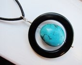 Turquoise, silver, and black pendant necklace - leather teal cyan onyx sterling