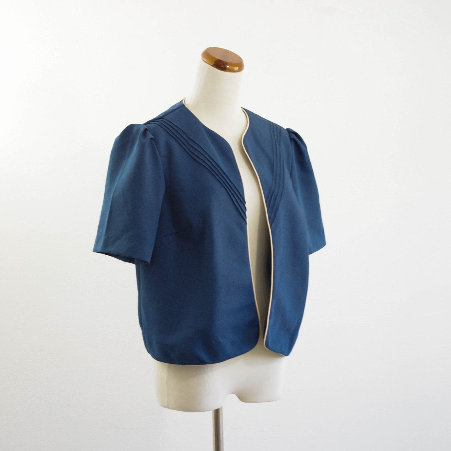 Vintage Bolero Jacket -- 70s Navy Short Sleeve Shrug -- Large XL