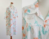 Vintage Dressing Gown Robe -- Orange and Teal Blue Bird Print House Dress -- Novelty Print -- Medium Large XL