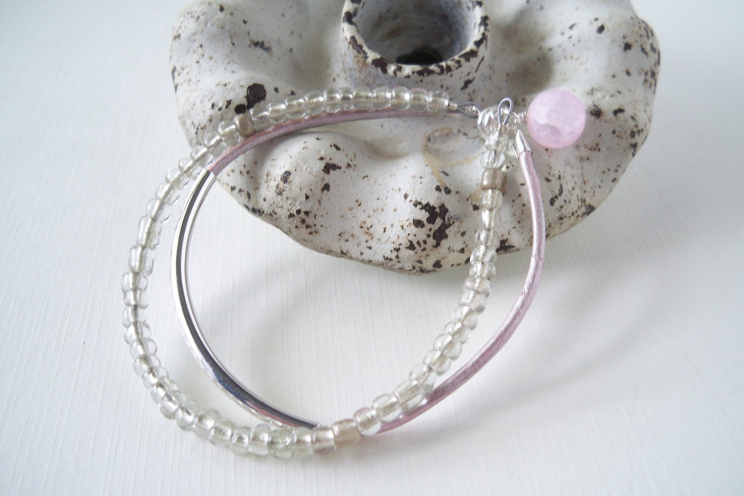 Pink Leather Beaded Bracelet - Seed Bead - Clear - Pink - Layer - Bangle