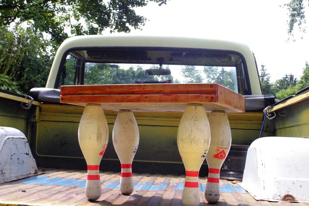 reclaimed bowling alley and pins side table "the dude"