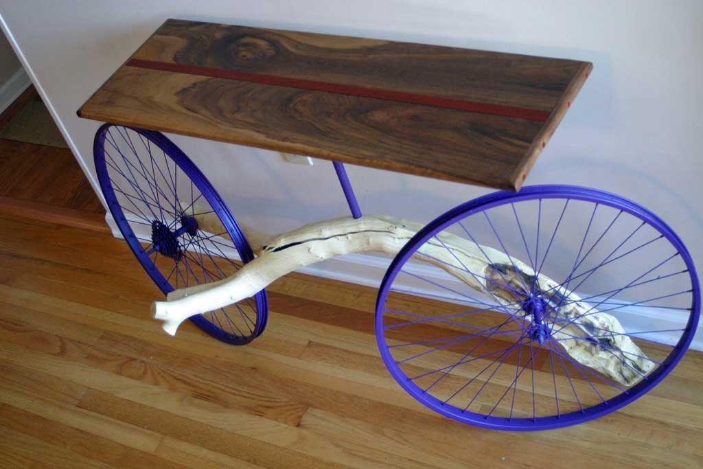 hall/entry table made of tree branch and bicycle parts