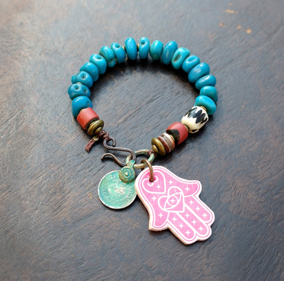 Teal Blue Tribal - Beaded Stacking Bracelet