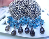 Wire Wrapped Sterling Silver Dangle Earrings Blue Apatite and Smoky Quartz.