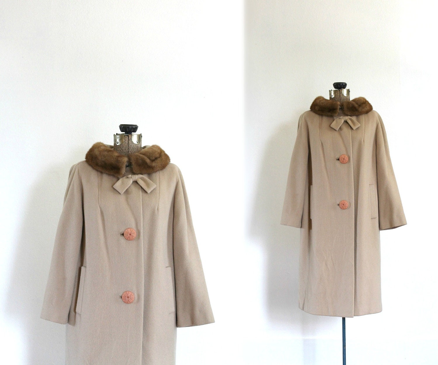 vintage 1960s swing coat 60s camel coat with mink fur collar and bow