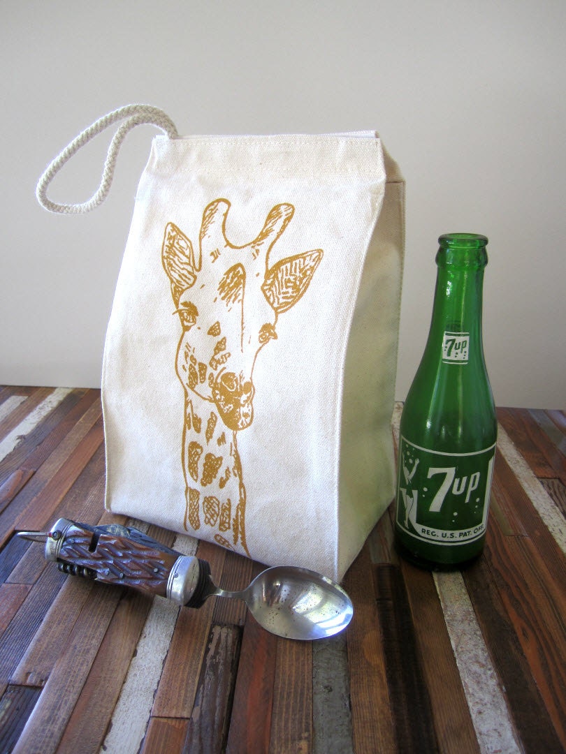 Screen Printed Recycled Cotton Lunch Bag - Reusable and Washable - Eco Friendly and Fun - Giraffe Illustration - Lunch Box