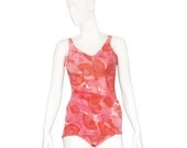 Vintage 1960s pink and coral floral print ruched panelled pin-up swimsuit with boning size small