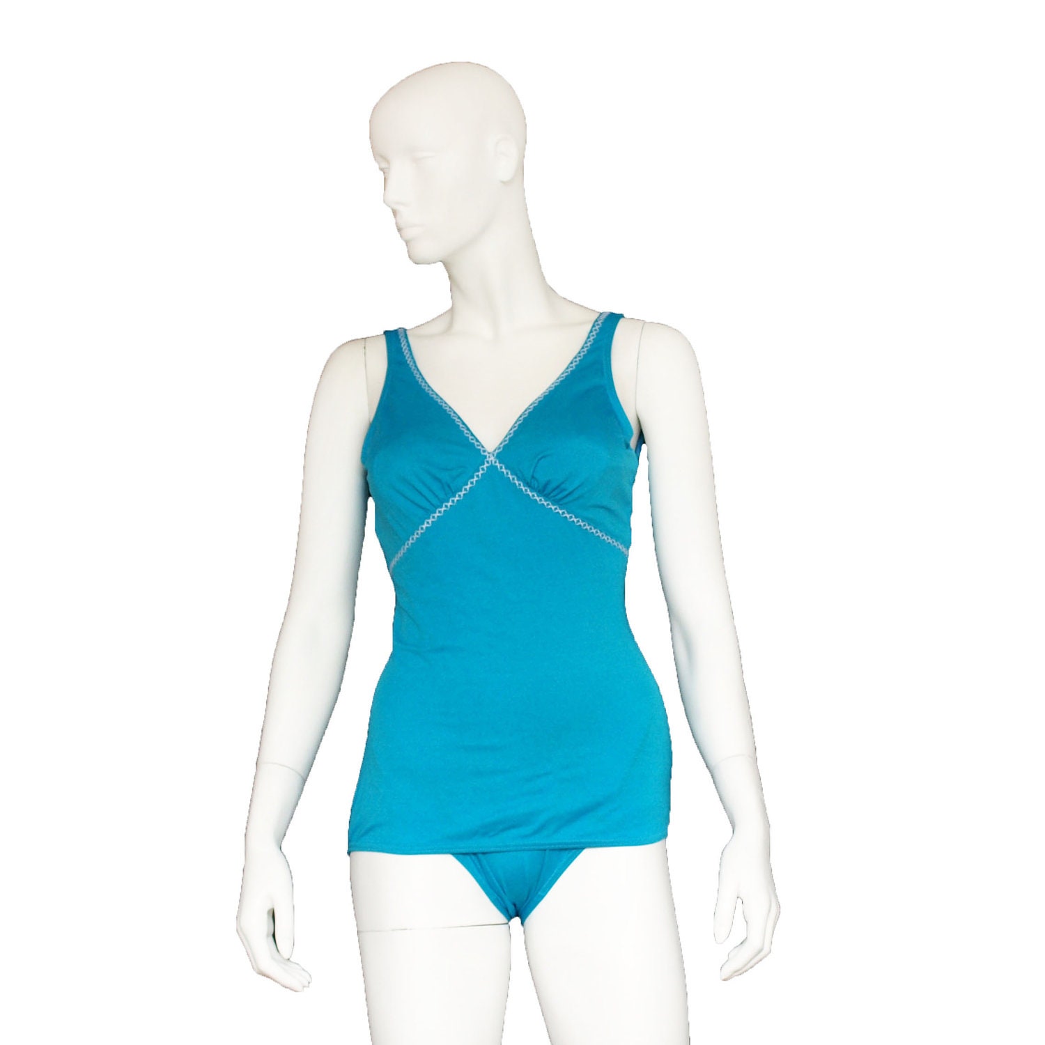 Vintage 1960s turquoise blue swimsuit with boy legs & contrast stitching size medium