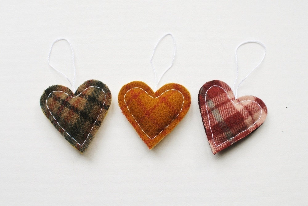 Rustic Heart Christmas Ornaments - Set of 3 - Wool Hearts - Mountain Home Decor Cozy Country - whatnomints