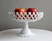 Vintage Milk Glass Footed Bowl or Compote By Westmoreland Lattice Edge
