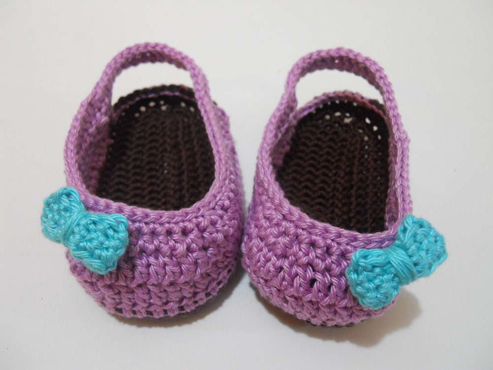 Crochet Baby Girl Shoes - Ballet Slingback with Bow (Purple and Turquoise) MADE TO ORDER
