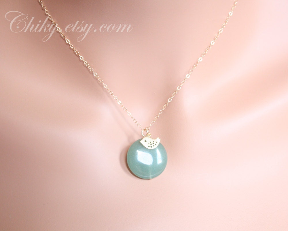 Emerald Coin Stone with Baby Bird Necklace - GOLD necklace,stone necklace, personal gift, wedding jewelry, bridal jewelry, elegant