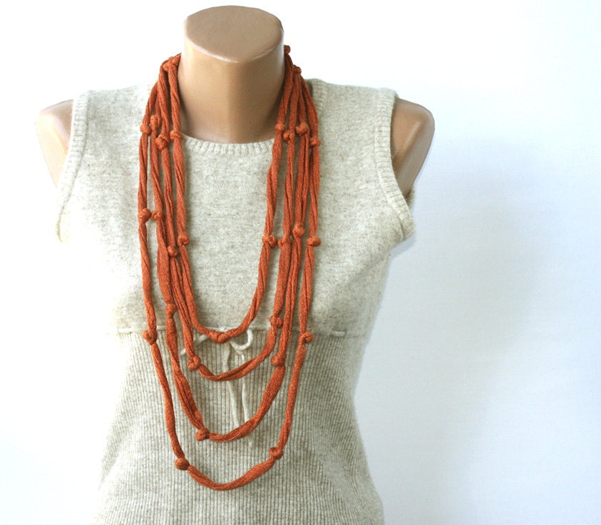 Summer Scarf Rust Skinny Cotton necklace Infinity with knots Summer fashion vegan