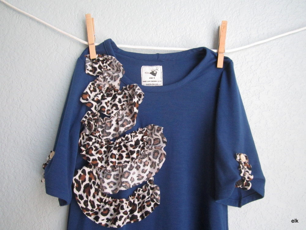 Girls Dress - Blue Leopard Print Ruffle Cascade, READY TO SHIP (3m, 2t, 4)