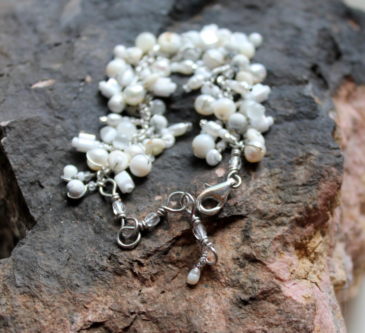 white friendship bracelet / wire wrapped beaded fantasy bracelet / moonstone mother of pearl pearls cats eye desert czech glass beads