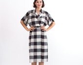 SALE - Vintage 1980s Fall Dress - 80s does 50s Dress - Black and White Buffalo Plaid