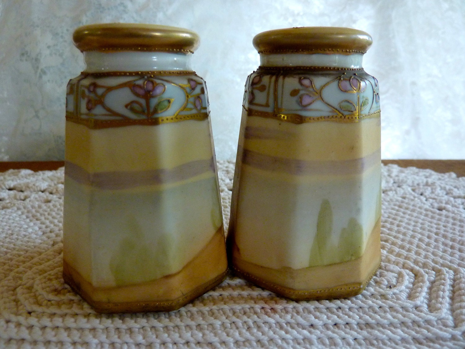 Nippon Salt Pepper Set Scenic w Gilt Details