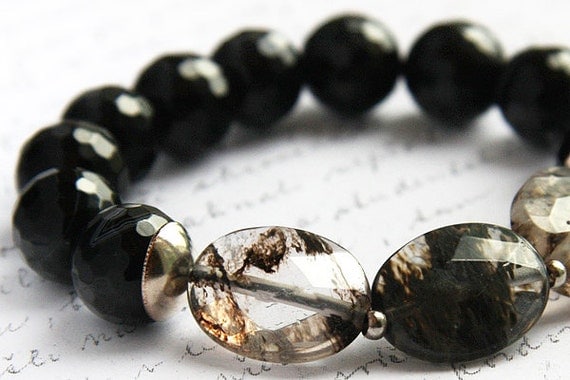Black Onyx Bracelet. Rutilated Quartz. Stacking Bracelet. Sterling Silver. Faceted Gemstones. Sophisticated Modern Evening Dramatic. Tagt