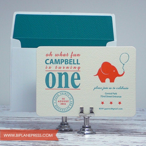 Letterpress 1st Birthday Invitations - Elefunky