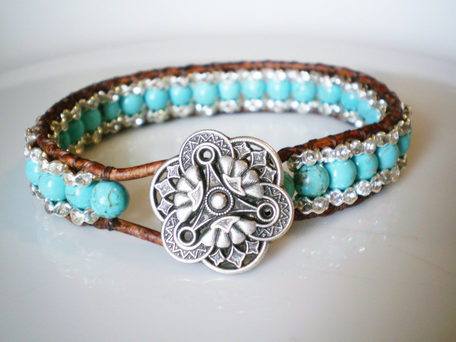 Beaded Leather Wrap Cuff Turquoise Magnesite Bracelet