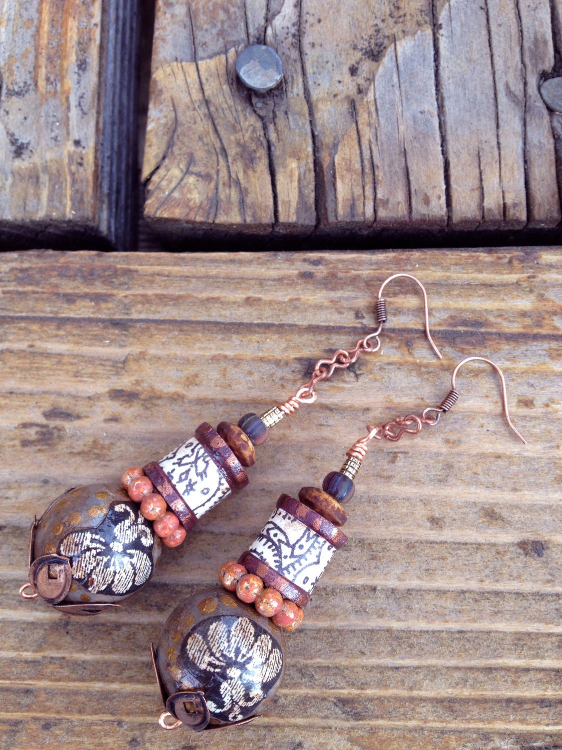 boho wood and copper  EARRINGS,  hand painted wood round and  spool beads, beaded,eclectic, earthy, lightweight,  by Zasra
