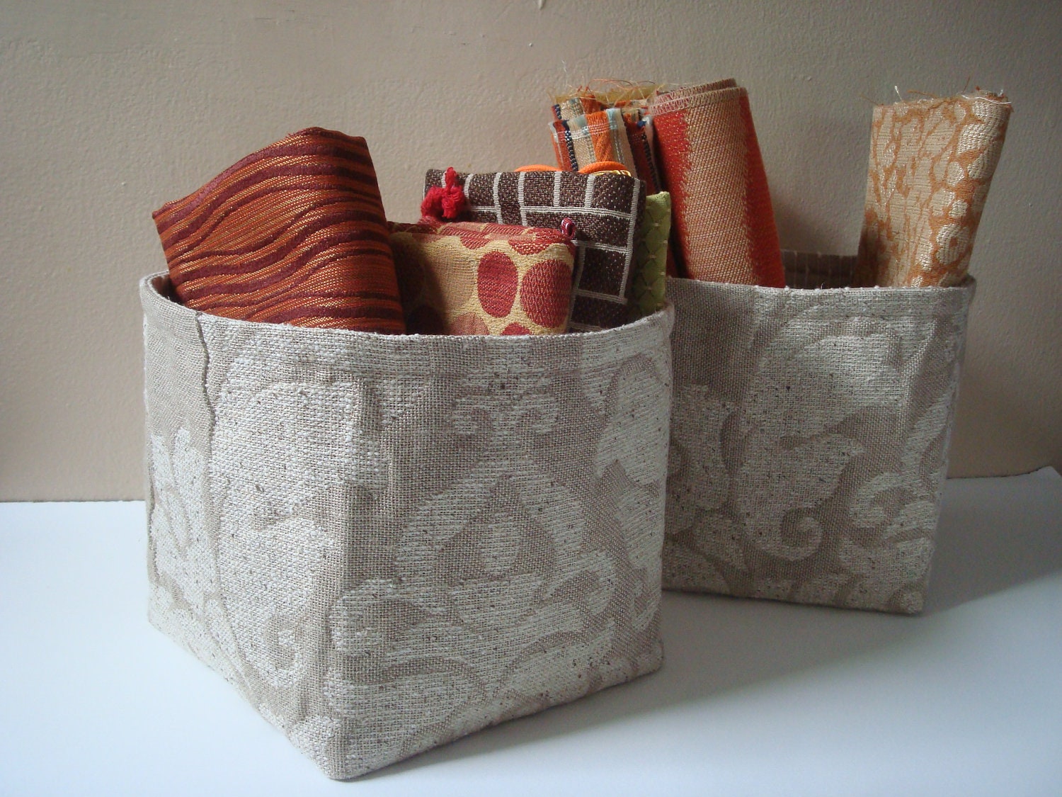 Linen Vessel / Silk Noil / Large Damask / Fabric Bin / Gift Set / Set of Two