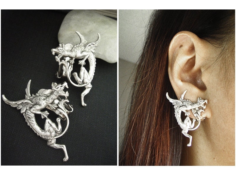 Ear cuff NO PIERCING--Aged ox sterling silver plated brass DRAGON mythology fantasy goth earrings-goth-neo Victorian-punk