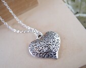 Romantic ornate heart aged silver metal necklace