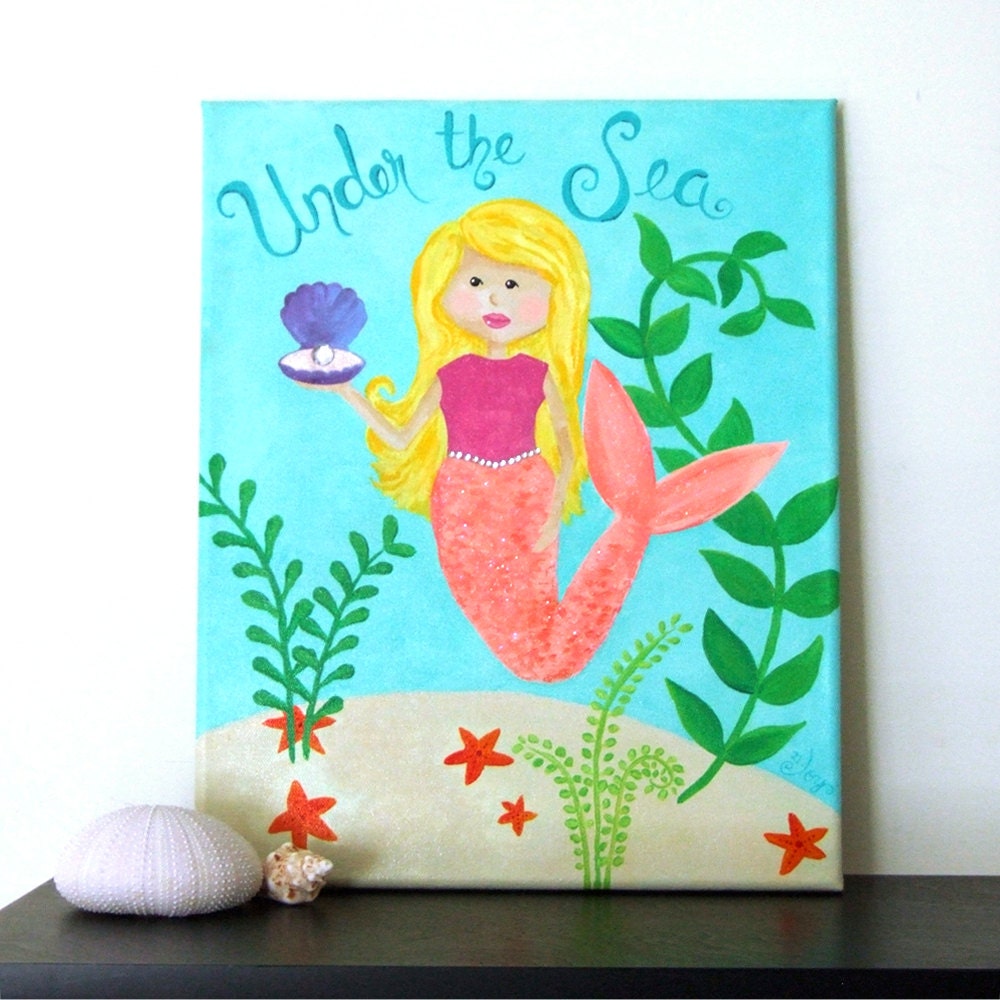 Mermaid Art For Girls Room, UNDER THE SEA, 11x14, Blonde Mermaid Painting For Nursery