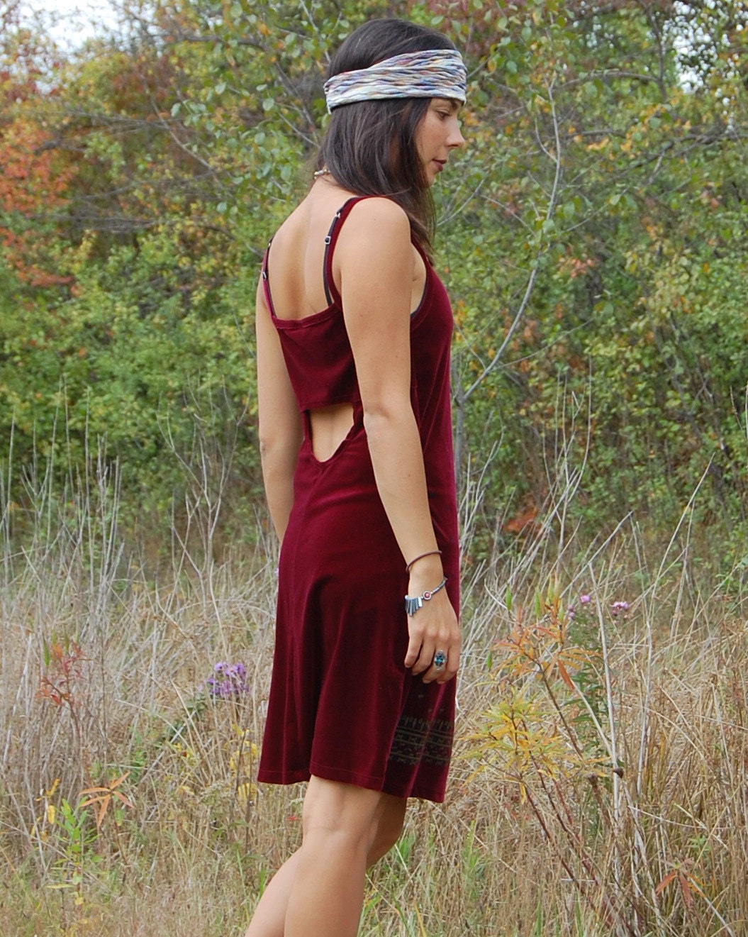 Vintage Burgundy Velvet Spaghetti Strap Mini Dress with Open Back and Ethnic Tribal Design