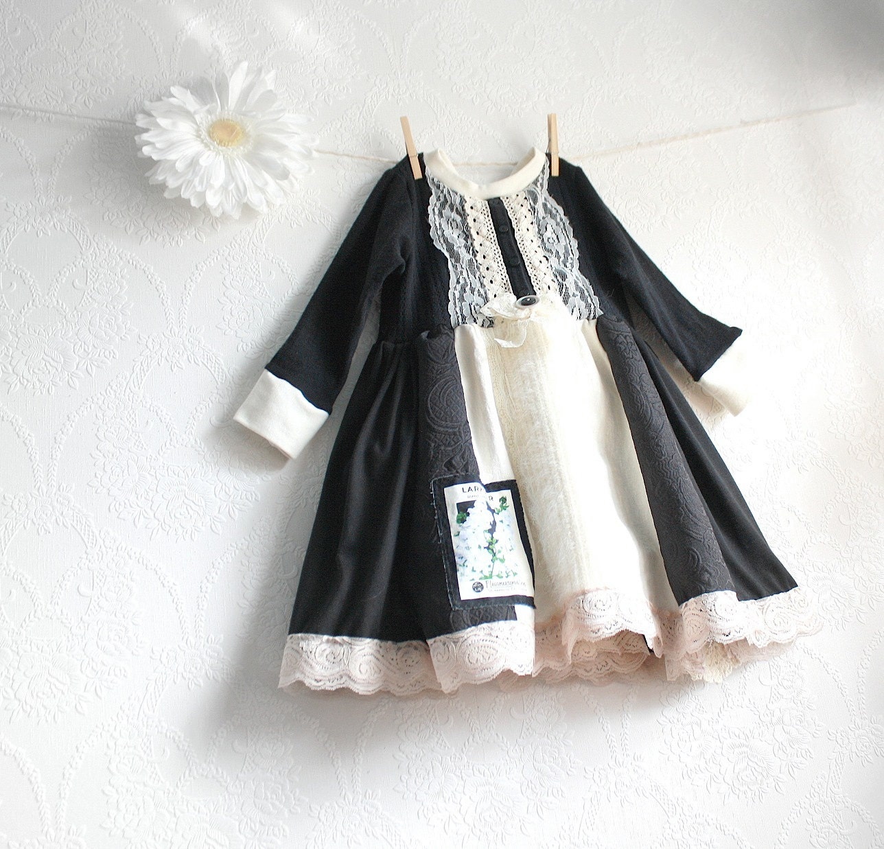Girl's Black Dress 5T Toddler Clothing Cream Lace Birthday Party Upcycled Clothes Special Occasion Children's Jumper 'MOIRA'