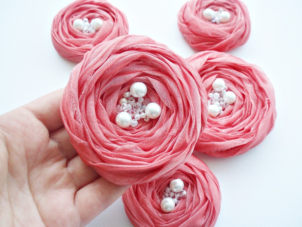 Coral Chiffon Roses Handmade Appliques Embellishments(5 pcs)