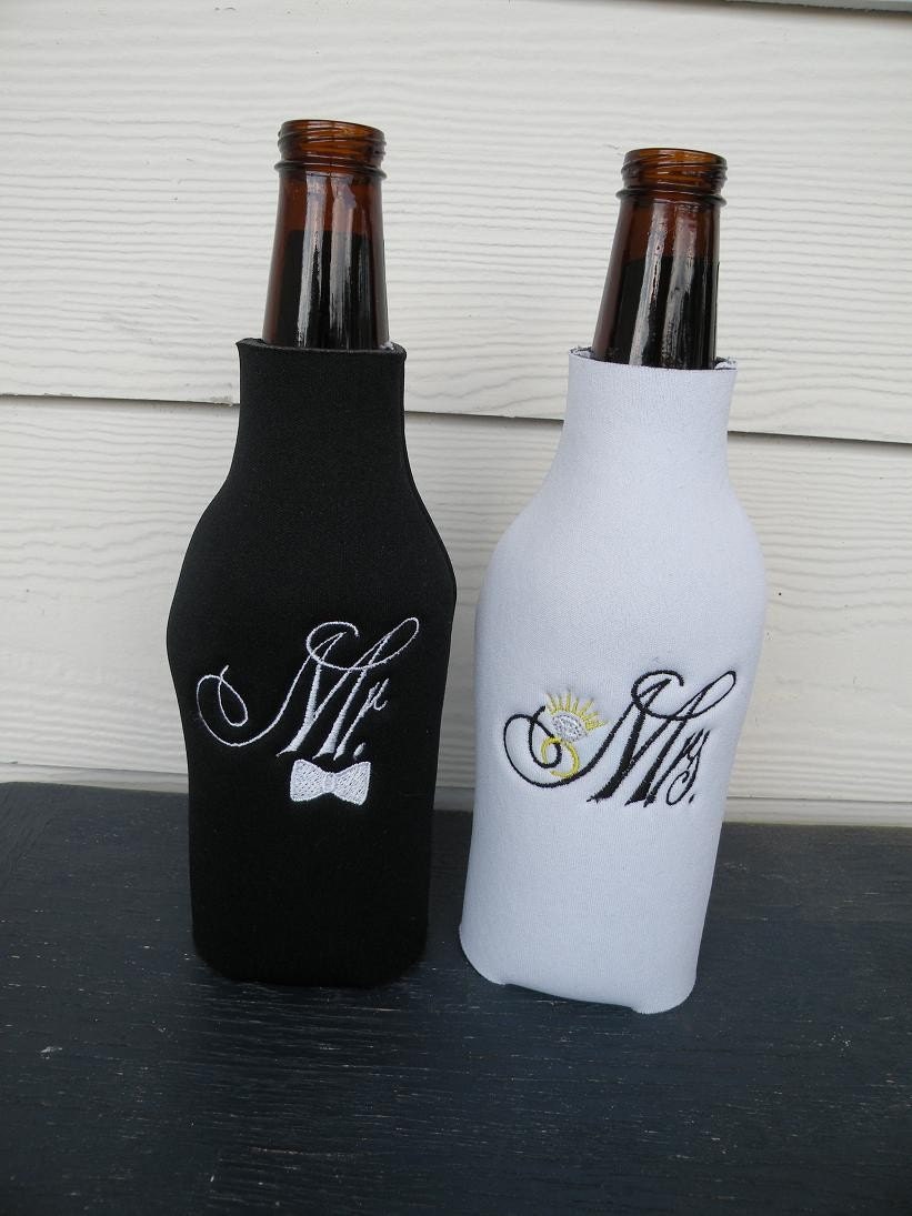 Bride and Groom Long Neck Koozie Coozies Set Embroidered Long neck Bottle