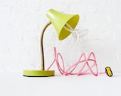 15% SALE - Retro Vintage Gooseneck Desk Table Lamp - Kiwi Colored with Plumen Bulb and Neon Pink Net Color Cord