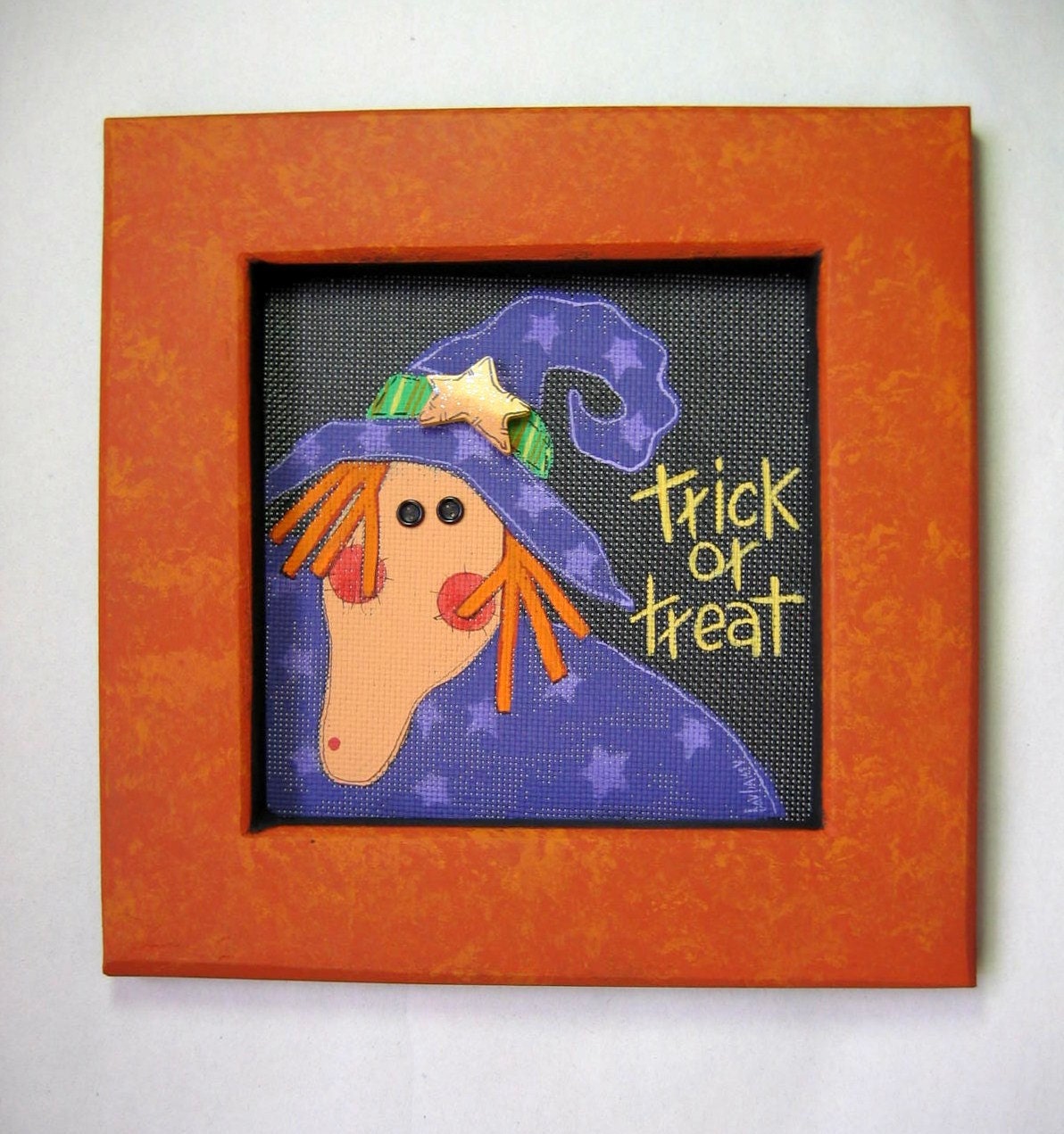 Halloween, Witch, Tole Painted, Sign, Framed in Orange
