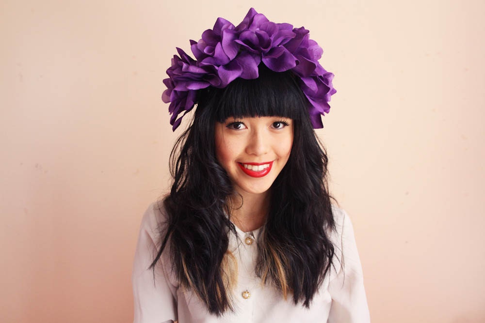 floral crown headband hair wreath - purple, romantic statement headpiece, large flower crown, oversized.