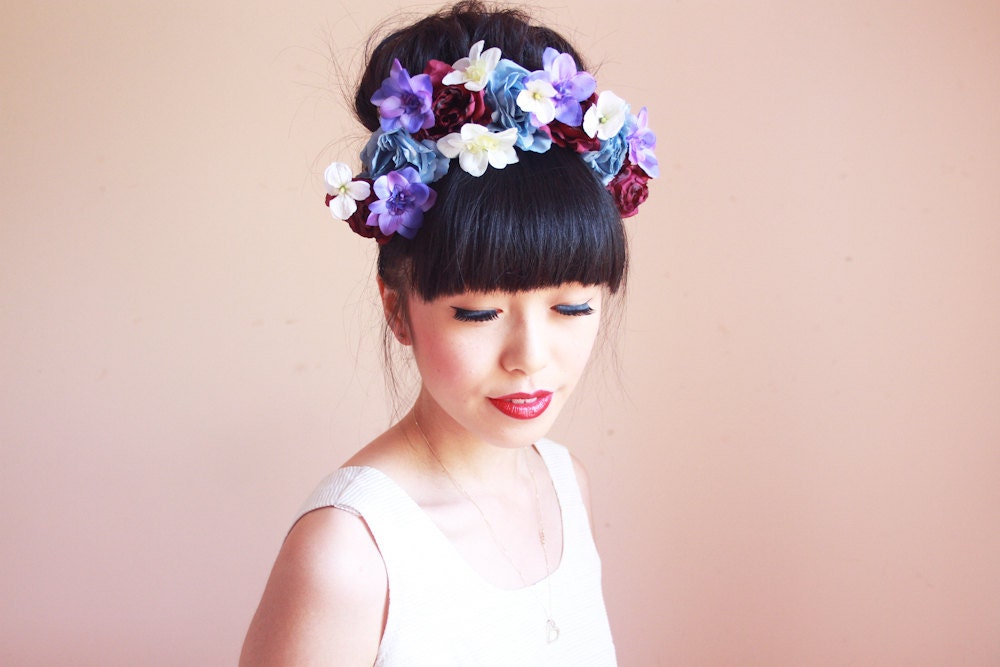 pink cream and periwinkle rose crown headband // wedding bridal headpiece, quirky, lana del rey, garden party, summer, festival, spring.