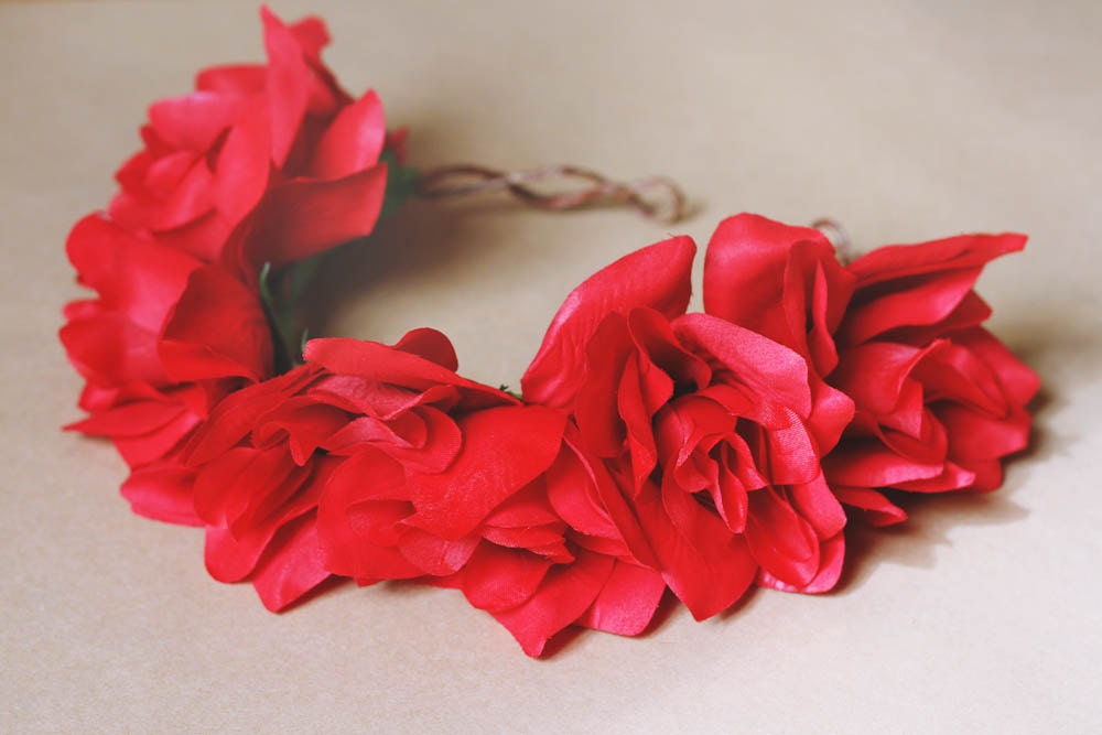 floral crown headband hair wreath - red, love, romantic statement headpiece, large flower crown, oversized.