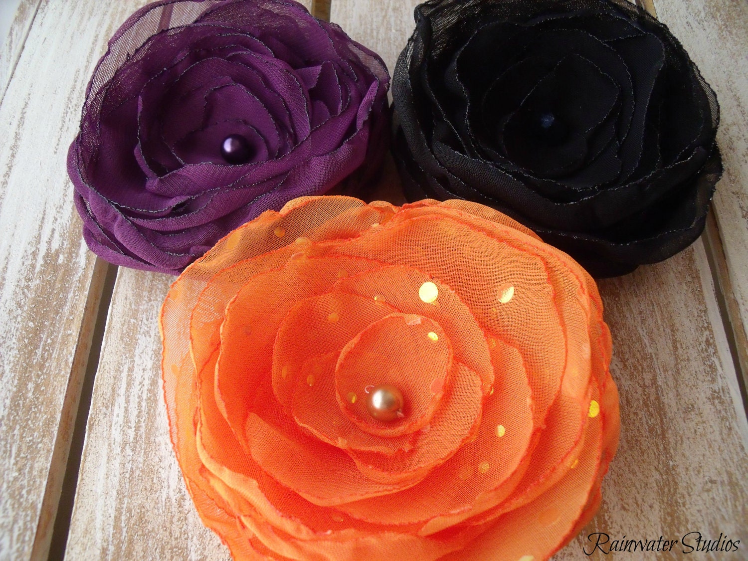 Wedding Hair Flower Clip Trio- Halloween Orange, Black, Mystic Purple