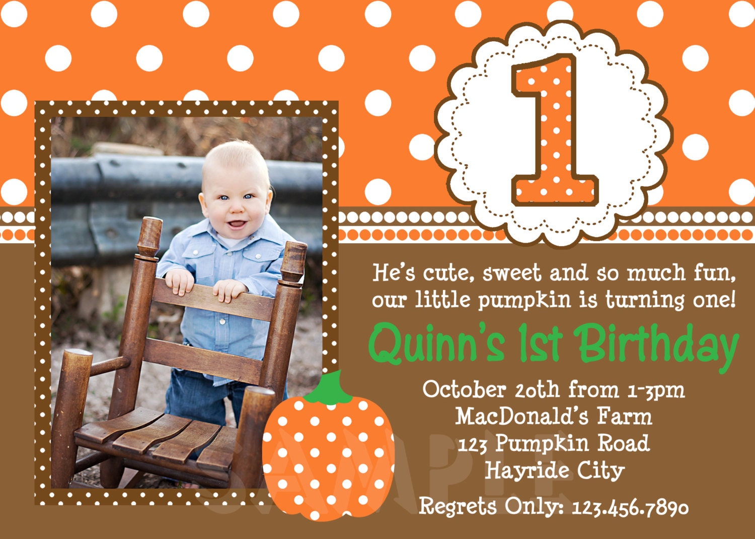 Pumpkin Birthday Invitation Fall Pumpkin 1st Birthday Party Invitation Boys or Girls