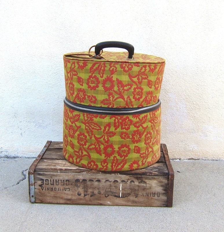 Vintage Gingham and Floral Tapestry Large Hat Box