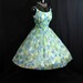 Vintage 1950's 50s Blue Green Ruched Floral Chiffon Organza Party Prom Wedding Dress Gown
