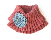 wool cowl, cherry red circular scarf & dusk blue brooch