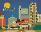 Raleigh Skyline Poster, North Carolina - Art Print for Office, Home, and Child's Room - style E8-O-RAL